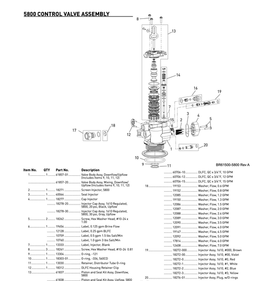 Pentair Fleck 5800 61837 downflow piston and seal kit—Manufacturer parts diagram—not a product photograph. Callout 13 also depicts adjacent valve components, which are not included.